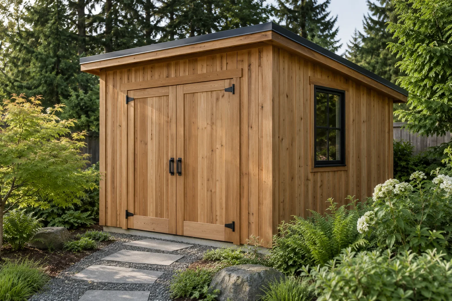 Compact cedar garden shed with a charcoal roof and black-framed window